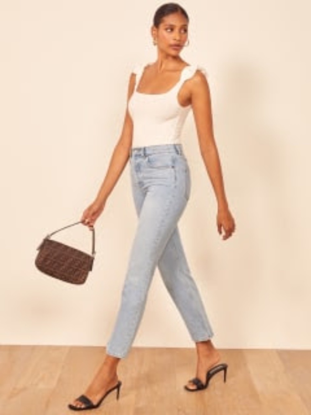 Reformation Jeans Tencel Ribbed Tie Shoulder White Bodysuit Made in USA M